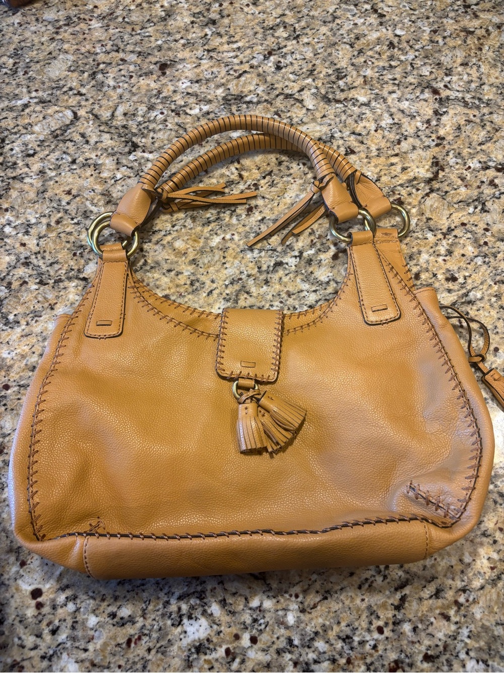 ANTONIO MELANI Tan Leather Shoulder Hobo with Tassel